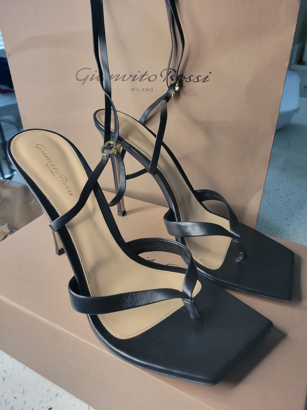 Gianvito Rossi Black Leather Square-Toe Stiletto Sandals with Ankle Straps